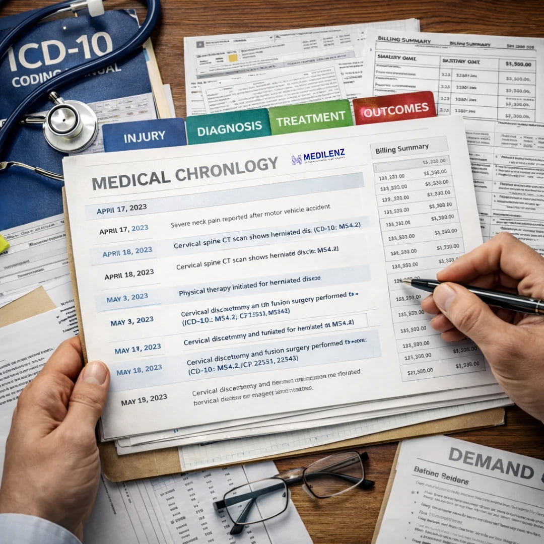 Timeline-driven medical narrative with ICD and CPT alignment