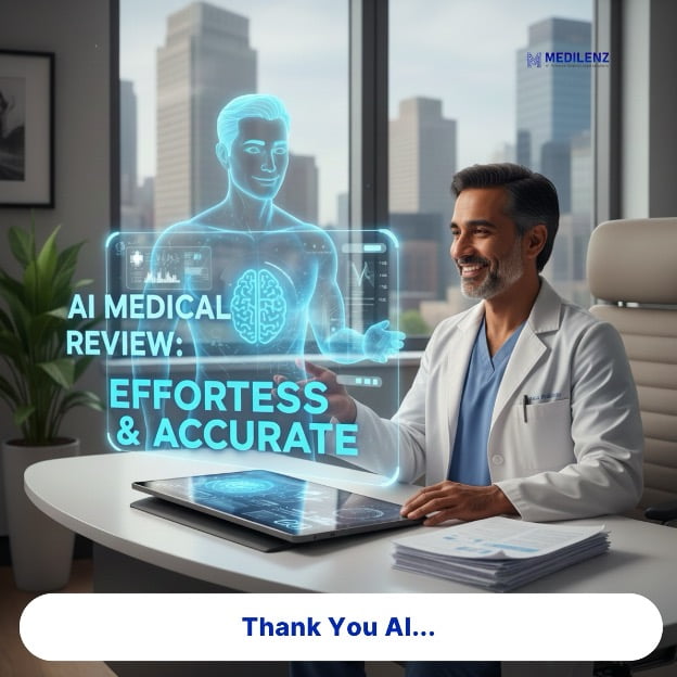 AI-powered medical record review with a physician validating clinical insights, showcasing Medilenz's effortless and accurate AI + MD medical summary process.