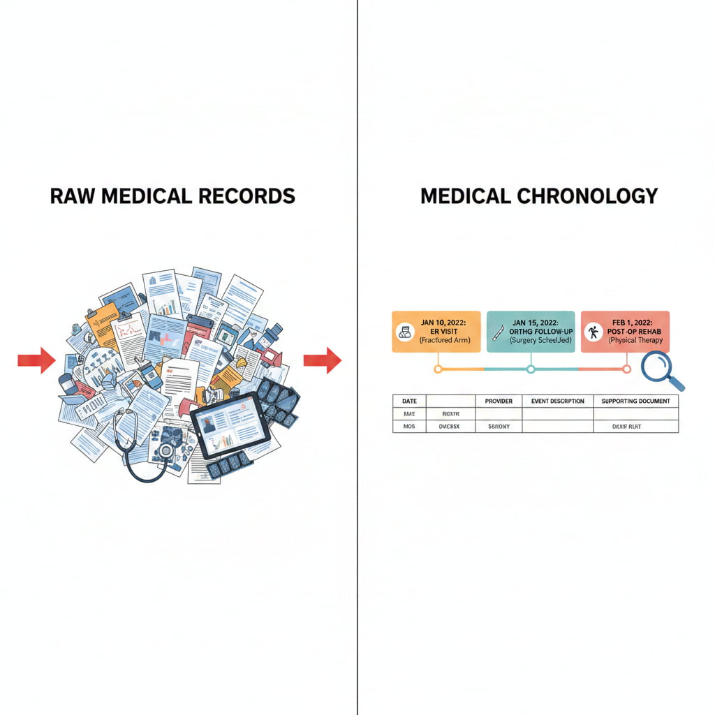 Structured medical chronology showing a clear timeline of care